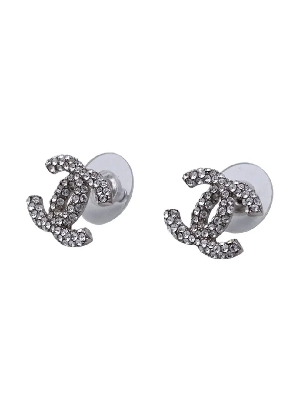 Chanel Earrings Rhinestone CC Logo Silver Small